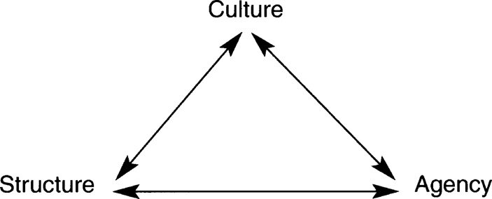 Equilateral Triangle with dual direction arrows for each side and labels at each point, the top is Culture, bottom right is Agency, and bottom left is Structure.