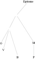 Starting at Epitome a line connects to an undefined nexus which splits into two lines, one leading to M which then leads to P, the other leads to another undefined nexus which splits into three lines leading to O, V, and B.