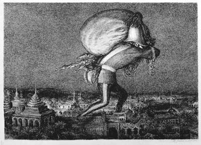 An oversized 200 foot tall man wearing a 17th century British army uniform struggles under the weight of a large sack and numerous valuables on his belt and on his arms as he walks over an Indian city.